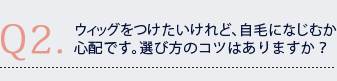 Q2.ウィッグをつけたいけれど、自毛になじむか心配です。選び方のコツはありますか? Q2.ウィッグをつけたいけれど、自毛になじむか心配です。選び方のコツはありますか?
